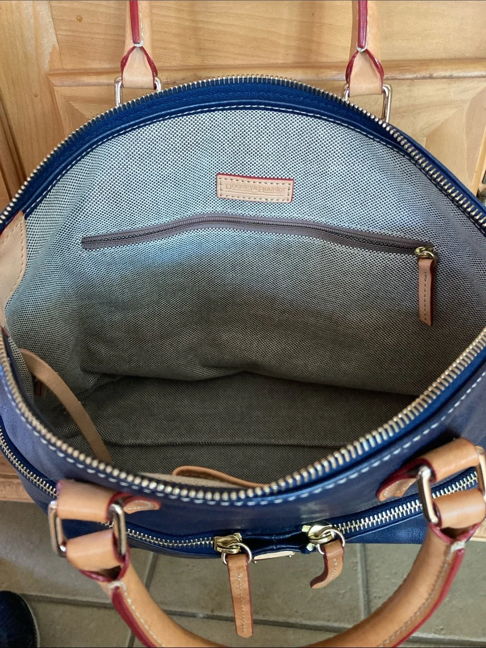 Dooney & Bourke Navy Leather Satchel with Tan Handles & Bag Protector
